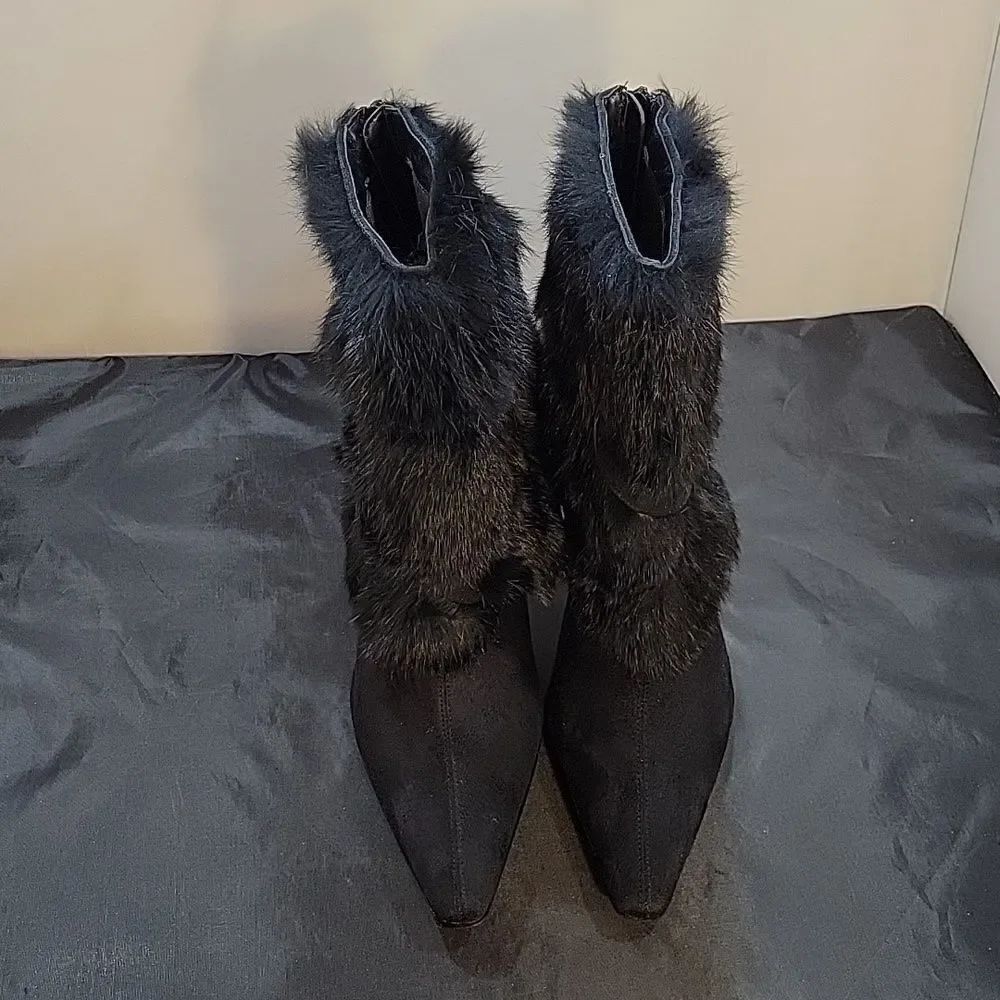 WILD DIVA BLACK FUR TRIM MID-CALF POINTED TOE BACK ZIPPER CLOSURE BOOT S2
